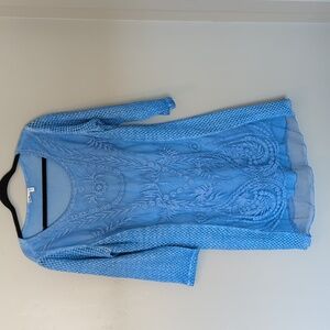 Blue Lacy Lined Indian‎ Kurta Midi Long Sleeve Women's Dress M
